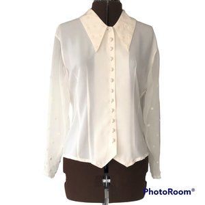 Vintage Blouse with Floral Button Embellished Collar and Sleeves